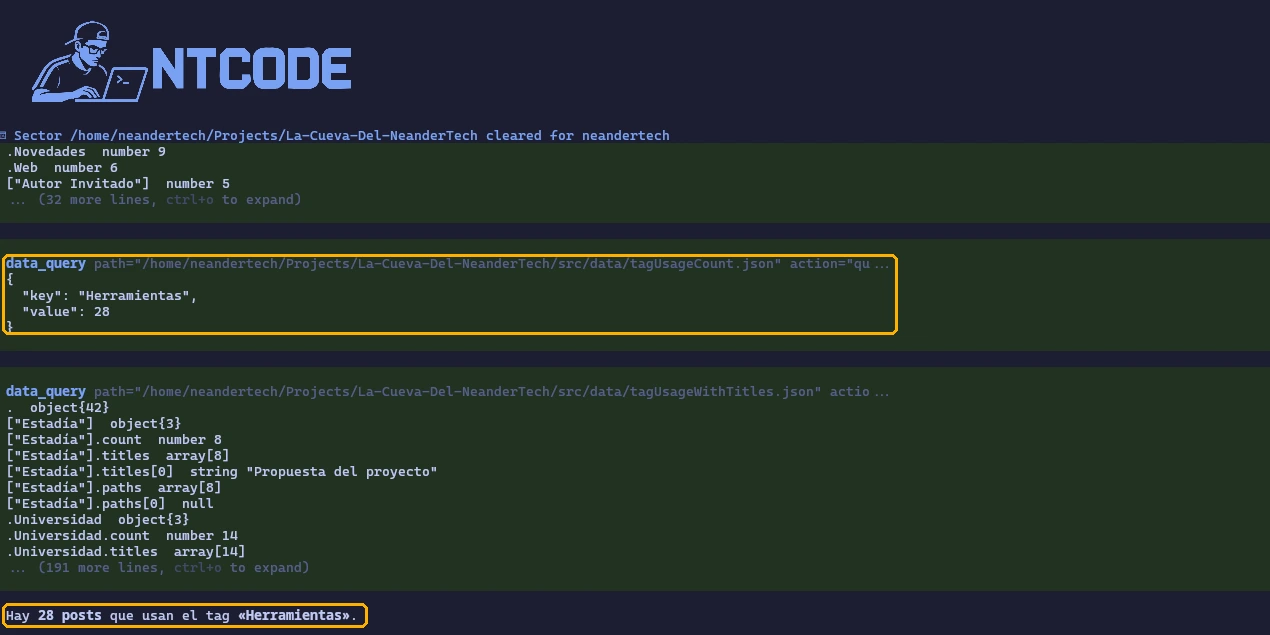 Pi consultando los tags con data_query y respondiendo que hay 28 posts con el tag Herramientas