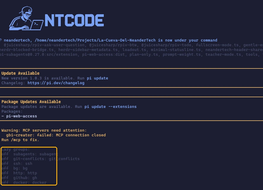 /loadout status con los siete grupos lazy desactivados: subagents, git-conflicts, ssh, bg, http, github y docker