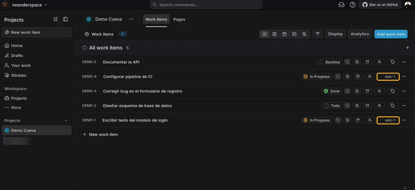 Plane con un proyecto de ejemplo: cinco work items con estados Backlog, Todo, In Progress y Done, y la etiqueta epic-1
