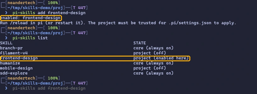 pi-skills add frontend-design y el listado siguiente, donde esa skill pasa a project (enabled here)