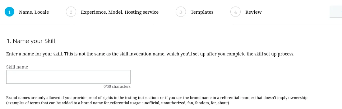 Primer paso para crear la skill: nombre e idioma