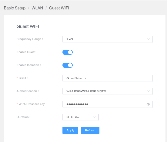 Pantalla Guest WiFi del panel del FiberHome, con SSID, clave WPA y duración